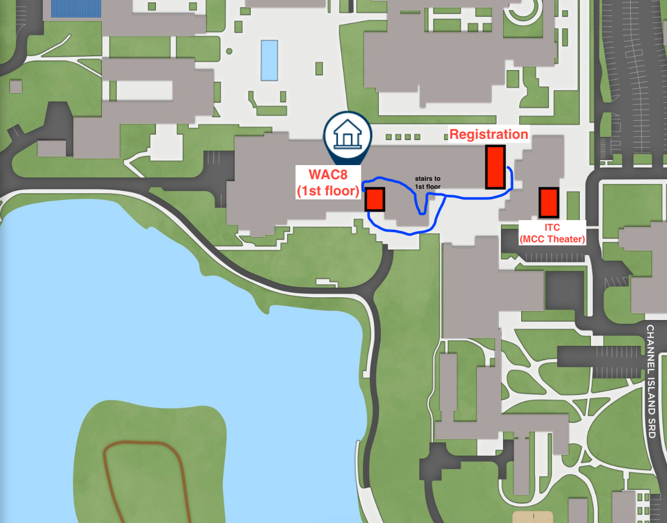 This is an approximate map with the WAC8 location. Our room is on the 1st floor of the UCen (University Center) building, accessible either through the hallway after crossing the dining hall, or from the outside patio (however, that door opens behind the speaker).